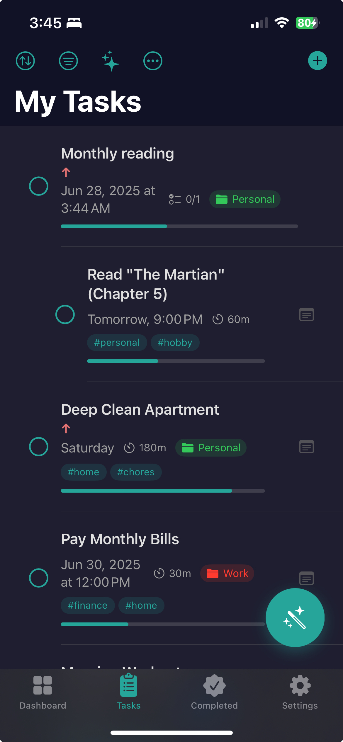 Task list view in the tudu AI to-do app for iOS